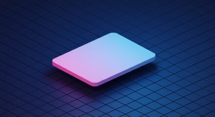 Isometric Square Blank Sticker Vector Floating in 3D Grid Space with Neon Glow