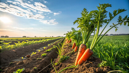 Carrot growing in field in natural blue sky background
