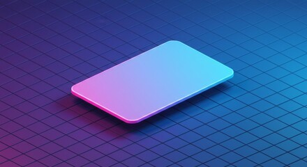 Isometric Square Blank Sticker Vector Floating in 3D Grid Space with Neon Glow