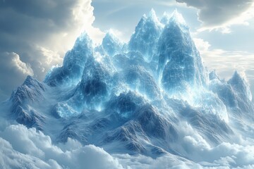 A bird flying over a mountain shrouded in clouds.