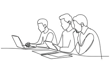 Three people collaborating on a project at a table with laptops and papers