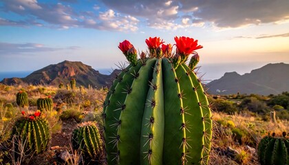 Scenic landscape featuring desert vegetation, including cacti with vibrant red blooms, under a partly cloudy sky at sunset
