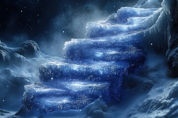 A stairway leading to the stars in a snowy landscape.