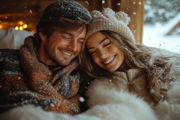 Couple walks hand in hand in snowy landscape.