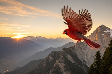 Northern Cardinal Soaring Above Mountains