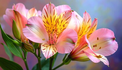 Fototapeta premium Close-up of delicate pink and yellow alstroemeria flowers