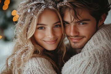 Couple embracing in snowfall.