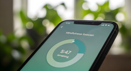 Smartphone displaying a calming mindfulness session with a countdown timer, promoting well-being.