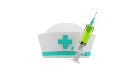 3D Rendered Nurse Cap and Syringe with Green Liquid Keywords: nurse, cap isolated on a transparent background