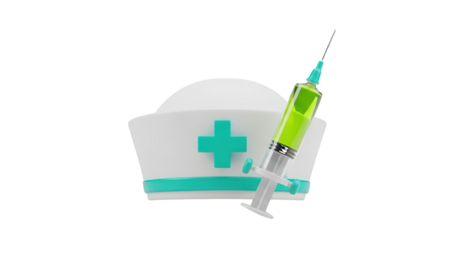3D Rendered Nurse Cap and Syringe with Green Liquid Keywords: nurse, cap isolated on a transparent background - Powered by Adobe