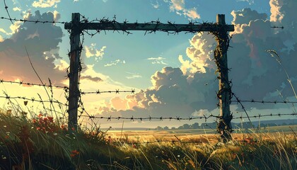 An idyllic rural scene at sunset. A barbed-wire fence frames a field of grass and red flowers, against a backdrop of a clouded sky