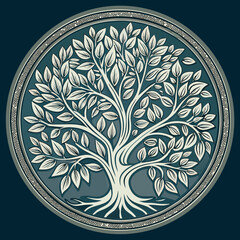 Elegant white tree of life emblem on dark teal background