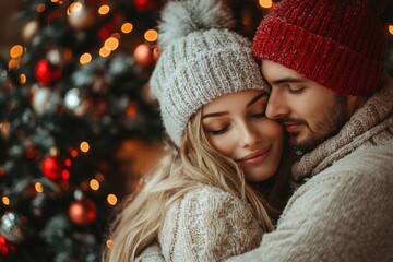 Couple embracing in front of a Christmas tree.