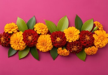 Obraz premium A vibrant arrangement of marigold flowers and green leaves on a pink background