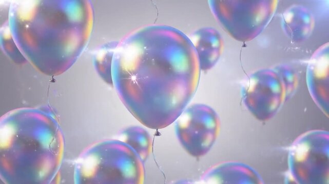 ホログラフィック風船が虹色に輝き舞い上がるループ背景動画素材, スパークルと光のフレア