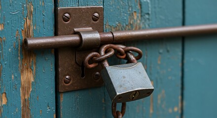 Old metal lock securing a blue wooden door with bolt and chain detail