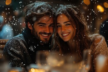 Couple smiling at dinner table in snow.