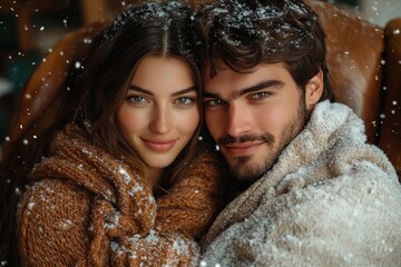 Couple smiling in snowfall.