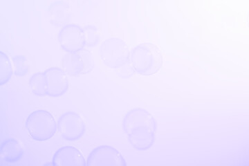 Beautiful Clear Purple Soap Bubbles Floating in The Air. Celebration Festive Backdrop. Freshness Soap Suds Bubbles Water. Purple and White Gradient Textured.	
