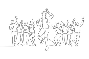 Joyful crowd celebrating with a person jumping in the air