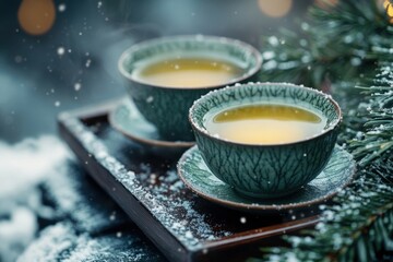 cups of tea on a tray with snow.