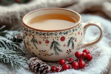 Cup of tea with holly and berries.