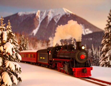 Steam train in snowy mountain scenery at sunset