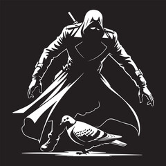 A humorous silhouette of an assassin sneaking up on a pigeon