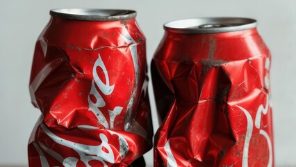 Crushed red soda cans showing impact and waste, perfect for environmental campaigns, recycling projects, and themes of destruction