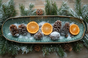 Pine cones and orange slices in Christmas decorations.
