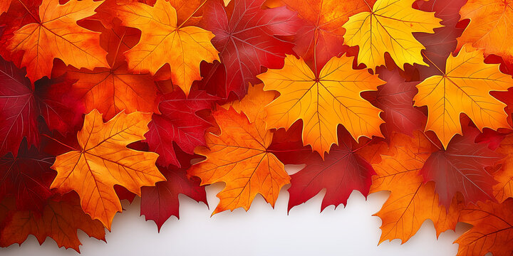 A vibrant background featuring rich orange, red, and golden maple leaves on white background, seasonal invitations or digital designs that capture the cozy atmosphere of autumn.