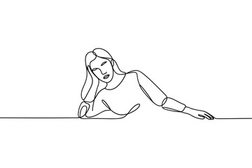 Tired woman leaning on a surface in a simple line drawing