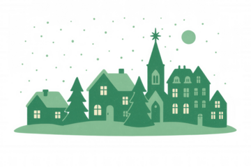 Christmas village at night with snow falling, festive winter wonderland scene, transparent background