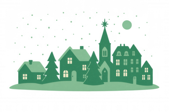 Christmas village at night with snow falling, festive winter wonderland scene, transparent background