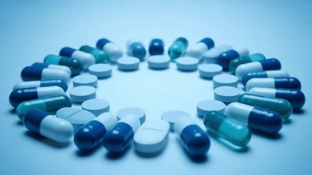 Wide Cinematic Shot of Pills and Capsules in Blue Circular Pattern Symbolizing Diabetes Medication