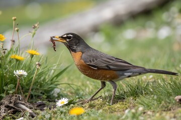 American Robin Eating Worm