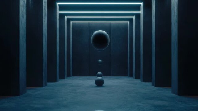 Surreal corridor with floating objects and illuminated geometric lines creating an otherworldly atmosphere 4k video footage