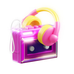 Isolated Pink Cassette Player with Yellow Headphones on Transparent Background