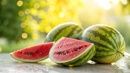 Watermelon and watermelon slice with water drop on table in natural warm sunlight background