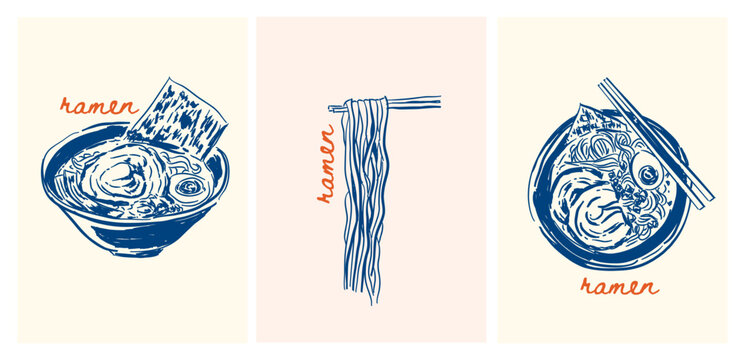 Naklejki Hand drawn Ramen noodles , Drawings Bowl of noodle vector illustration, Japanese food whimsical art for menu, greeting cards, poster, sticker, invitation, postcard