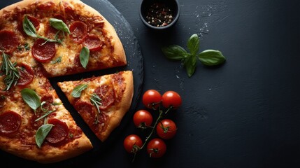 Pizza with tomato sauce on a dark background, Italian food