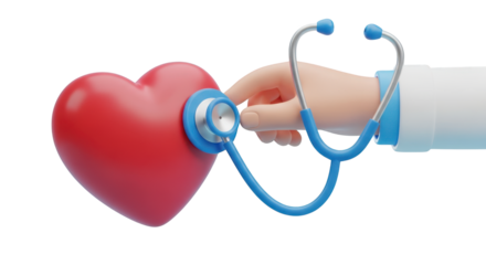3D Stylized Doctor Hand With Stethoscope On Red Heart Against Black graphic design isolated on a transparent background