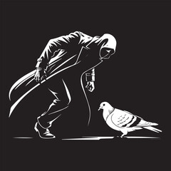 A humorous silhouette of an assassin sneaking up on a pigeon