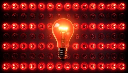 An illuminated incandescent bulb stands out against a backdrop of many glowing red lights, evoking concepts of innovation