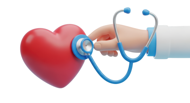 3D Stylized Doctor Hand With Stethoscope On Red Heart Against Black graphic design isolated on a transparent background
