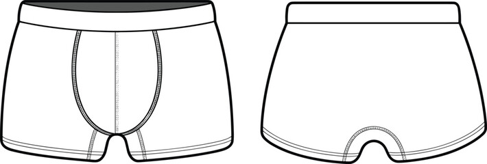 Technical Fashion Flat Drawing of Men's Boxer Briefs with a Contoured Pouch, Flatlock Seams, and a Branded Elastic Waistband for Underwear or Apparel Design Vector Template.
