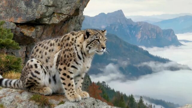 Snow leopard perched majestically on a rocky outcrop surveys the mountainous landscape with a backdrop of clouds and peaks in a serene wildlife setting on a cloudy day