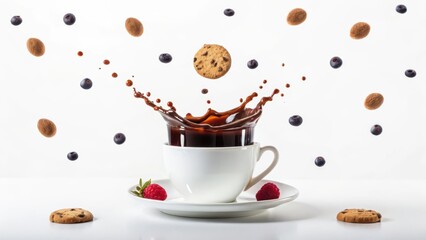 Dynamic coffee splash erupting from a white cup with cookies and berries frozen in mid air