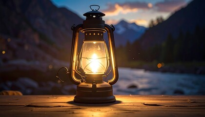 An illuminated lantern glows on a wood surface. Mountains, river, and twilight sky form a natural backdrop. Soft light highlights the scene