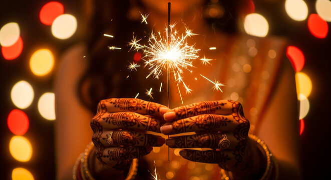 Hands holding Diwali sparkler at night, celebration of Indian festival of lights, joyful holiday background, festive fireworks and glowing light, happiness, party and tradition theme